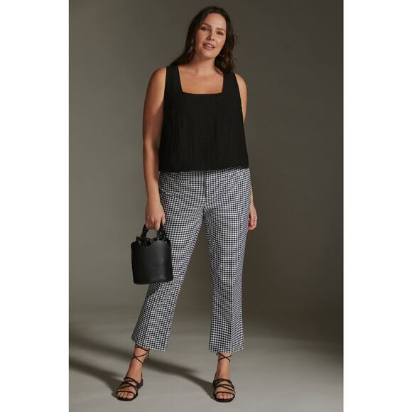 New Anthropologie The Essential Slim Kick Gingham Flare Pants $128 US 4 B&W Crop - Picture 1 of 5